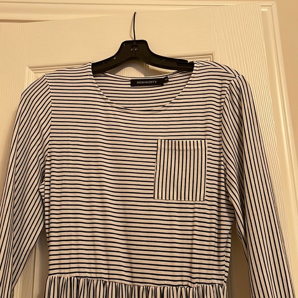 MEROKEETY 3/4 sleeve Striped T Shirt Midi Dress with Pockets, size small NWOT - Picture 1 of 4